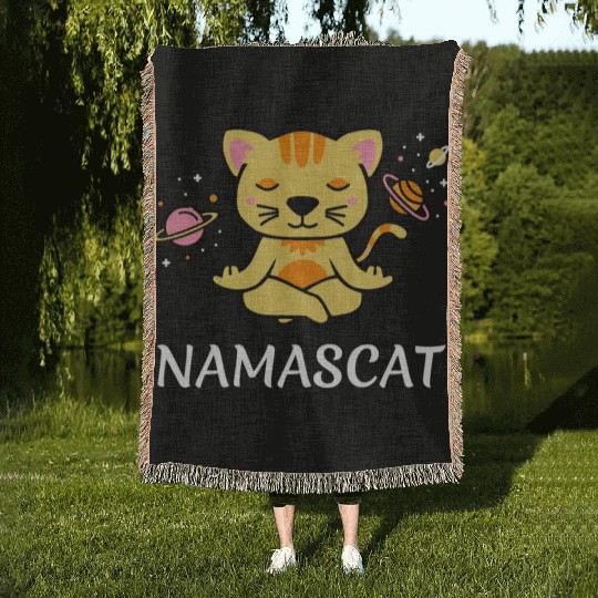 zen yoga cat space meditation sport training Woven Blankets