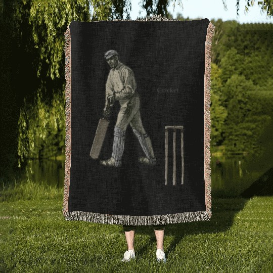 Vintage Cricket Player with a Bat and Wicket URM Woven Blankets
