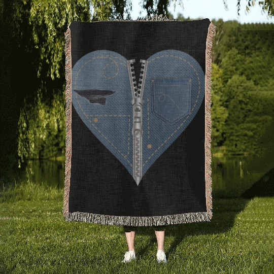 light blue heart in jeans look with zipper Woven Blankets