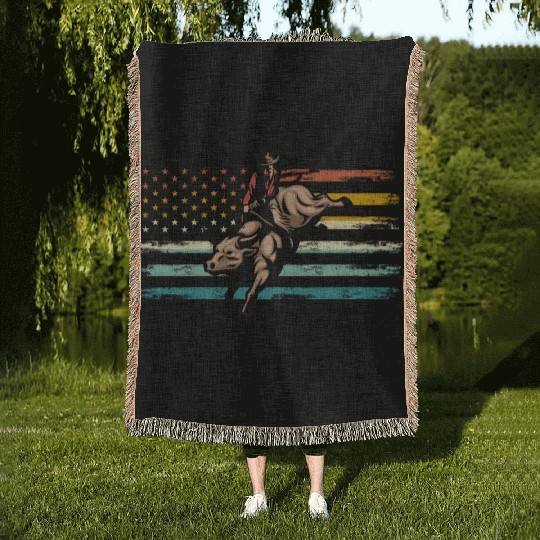 Retro American Flag Bull Riding Western Cowboy Woven Blankets