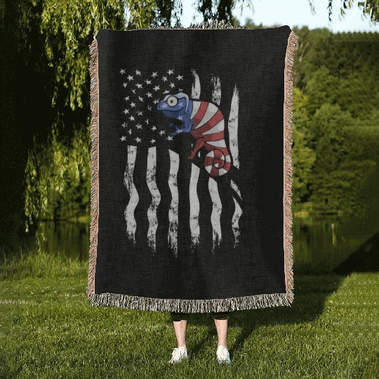 US Flag Patriotic American Chameleon in Stars Woven Blankets