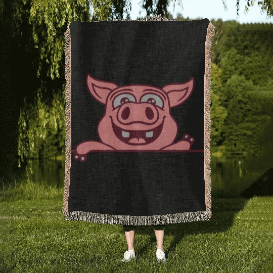 barn pig waving friendly Woven Blankets