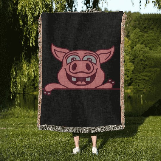 barn pig waving friendly Woven Blankets