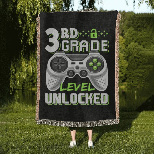 3rd Grade Level Unlocked Video Game Back to School Woven Blankets