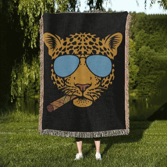 Jaguar with aviator sunglasses and Cuban cigar Woven Blankets