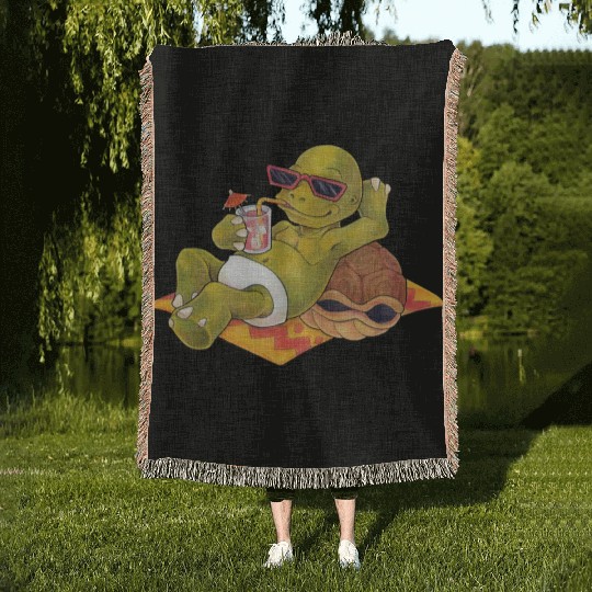 Summer turtle naked on the beach with cocktail Woven Blankets