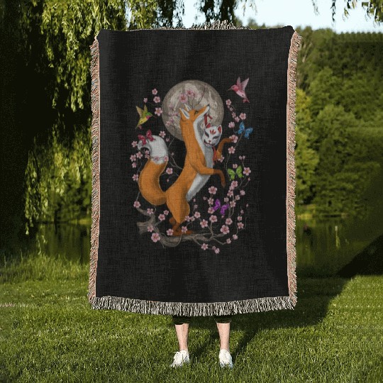 Fox Japanese Cherry Blossom Woven Blankets