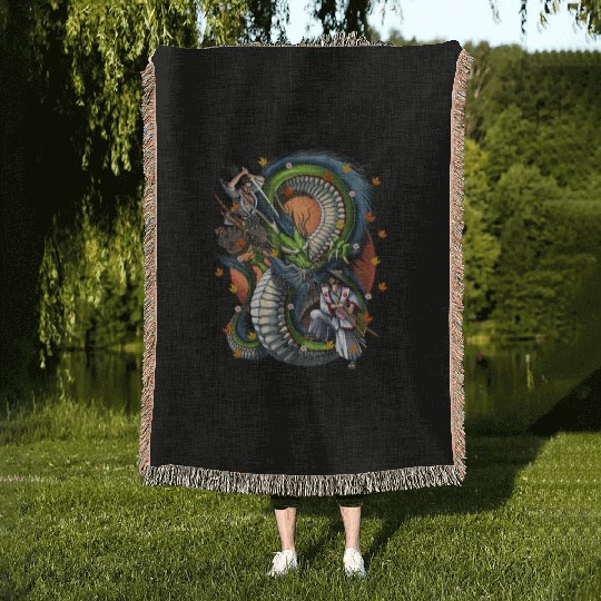 Japanese Dragon Samurai Warrior Battle Woven Blankets