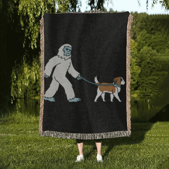 Bigfoot Sasquatch Walking Saint Bernard Woven Blankets