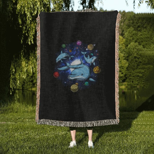 Psychedelic Space Dolphins Woven Blankets