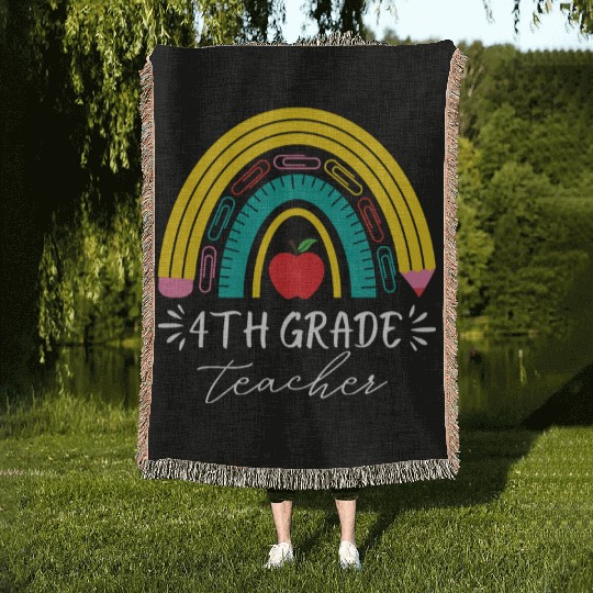 4th grade teacher back to school rainbow pencil Woven Blankets