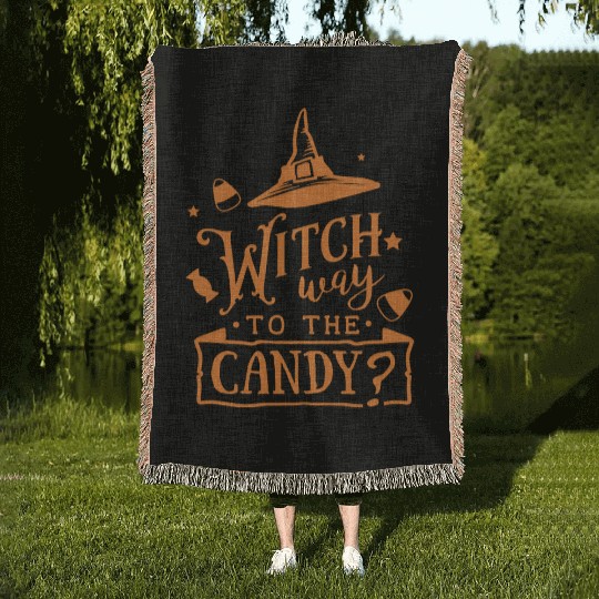 Witch Way To The Candy Hat Halloween Holiday Woven Blankets
