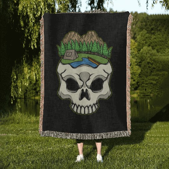 Skeleton Head Camp Campsite Camper Camping Woven Blankets