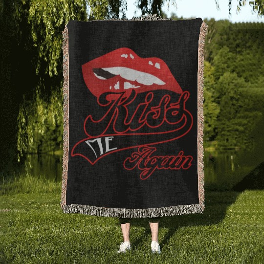 Kiss Me Again Sexy Lip Redline Swoosh Graphic. Woven Blankets