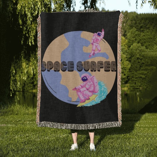 Space Surfer Two Astronauts and Planet Earth Woven Blankets