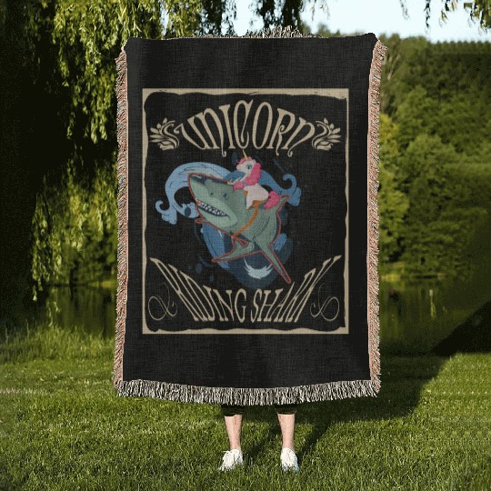 Unicorn Riding Shark Woven Blankets