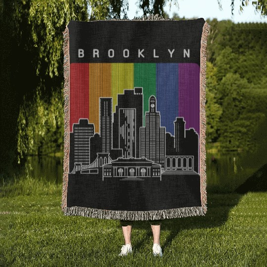 Brooklyn New York Skyline Rainbow Flag Woven Blankets