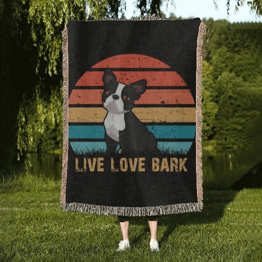 Live Love Bark Retro Vintage Boston Terrier Funny Woven Blankets
