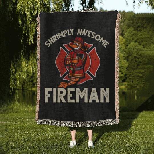 Funny Shrimp/Prawn Pun. Shrimply Awesome Fireman Woven Blankets