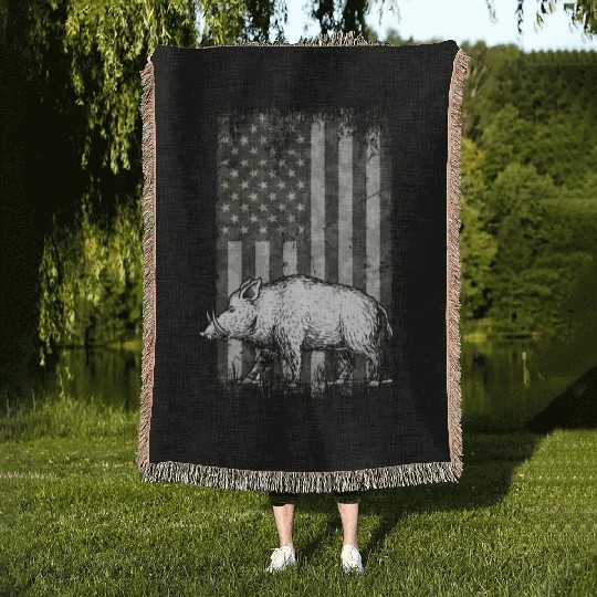 Patriotic Wild Boar Hunting Season For Hog Woven Blankets