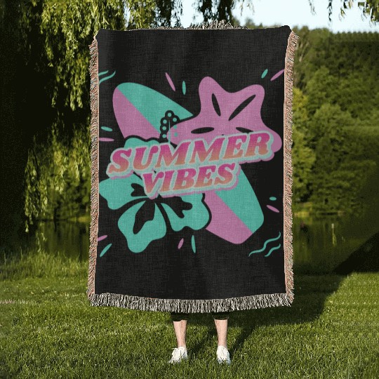 Summer Vibes - Beach, surf, hibiscus and starfish Woven Blankets