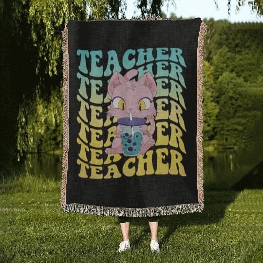 Boba Tea Teacher Kawaii Cat Groovy Back To School Woven Blankets