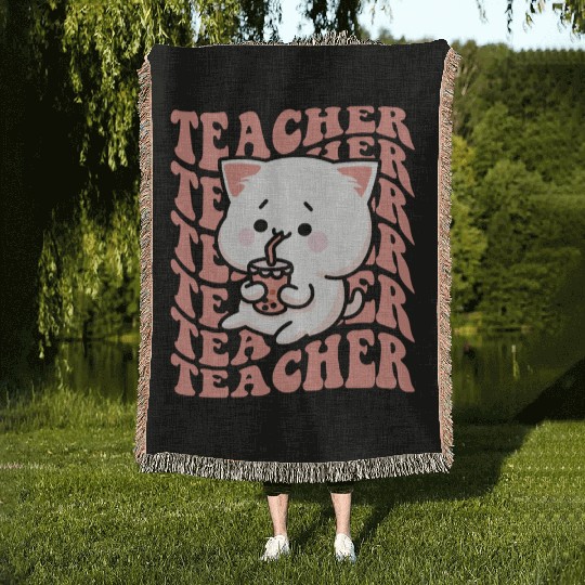 Boba Tea Teacher Cute Kawaii Cat Back To School Woven Blankets