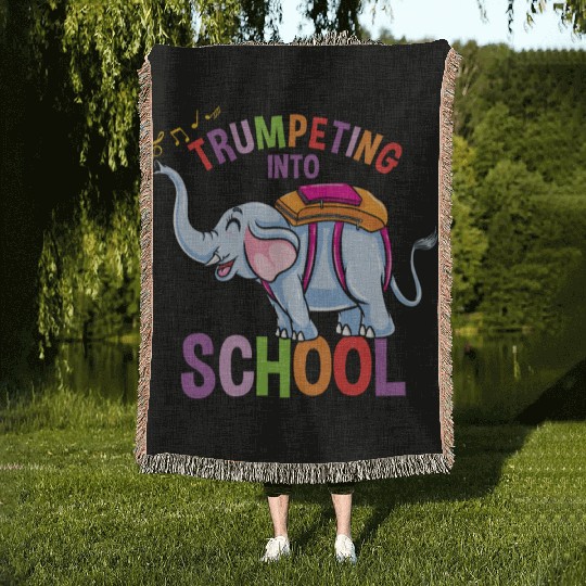 Back To School Elephant Trumpeting Into School Woven Blankets