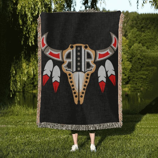 Native American Buffalo Skull for Tribal Art Lover Woven Blankets