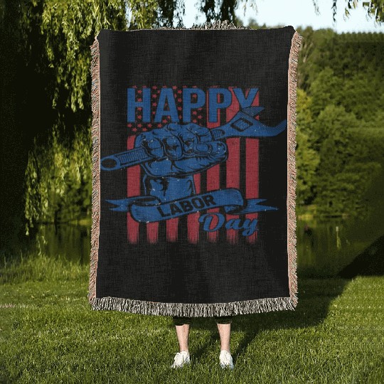 Happy Labor Day American Flag Holiday US Worker Woven Blankets