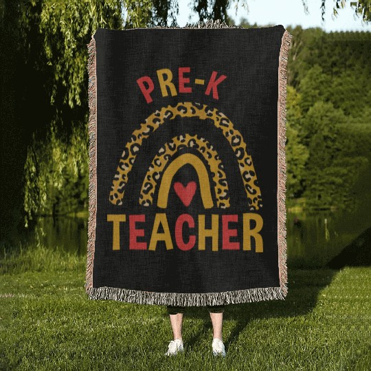 Back To School Leopard Pre-K Teacher Rainbow Woven Blankets