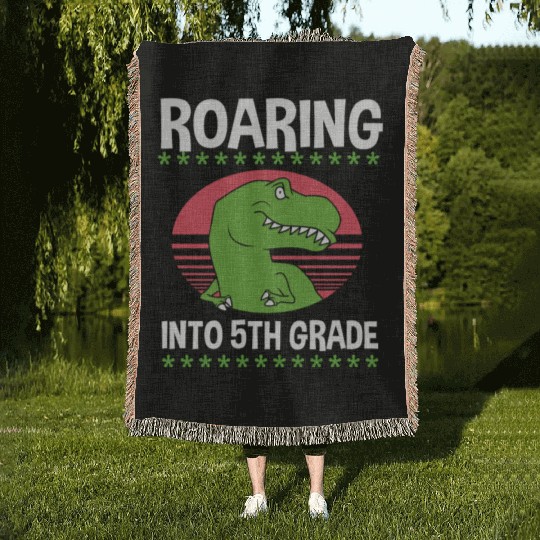 First Day School Dinosaur Roaring Into 5th Grade Woven Blankets