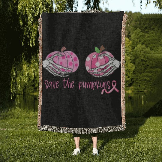Breast Cancer Awareness Pink Ribbon Save The Pumpk Woven Blankets
