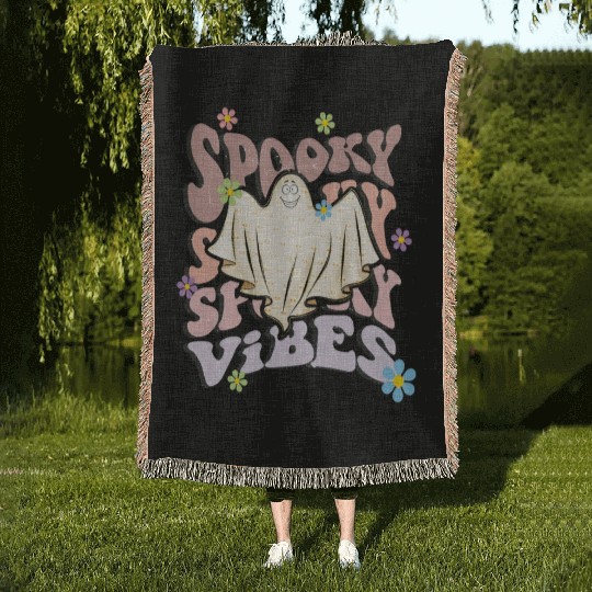 Spooky Season Retro Wavy Halloween Ghost Woven Blankets