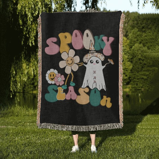 Spooky Season Retro Flowers Halloween Ghost Girls Woven Blankets