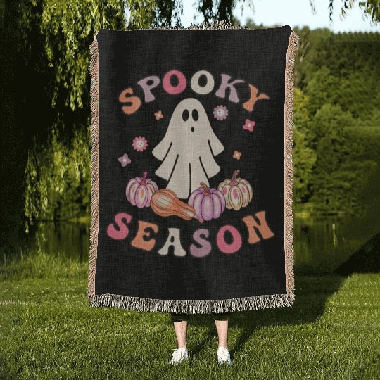 Spooky Season Cute Retro Pumpkin Ghost Gift Kids Woven Blankets