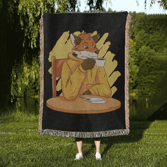 Fox Drinking Coffee Woven Blankets
