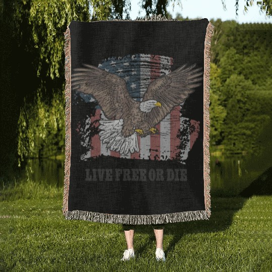Live Free or Die - Bald Eagle - Grunge American Fl Woven Blankets
