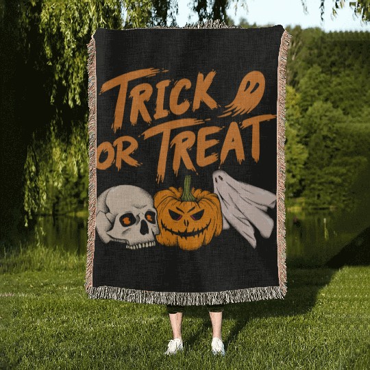 Halloween scary pumpkin head, skull and ghost Woven Blankets