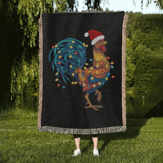Funny Rooster Chicken Christmas Lights Pajama Farm Woven Blankets