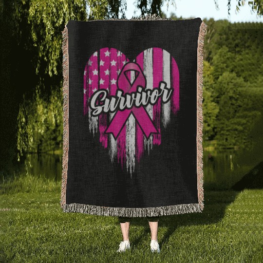 Breast Cancer Survivor Pink Ribbon American Flag Woven Blankets