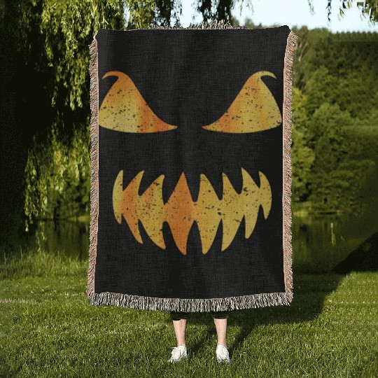 Retro Jack O Lantern Scary Carved Pumpkin Face Woven Blankets