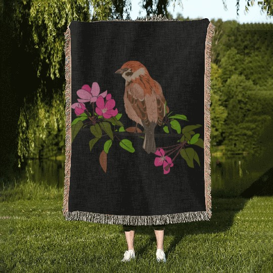 Sparrow on a branch pink flowers of an apple tree Woven Blankets