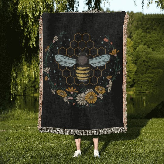Floral Honeycomb Bee Lover Art Woven Blankets