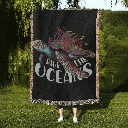 Save The Ocean Sea Turtle Reefs Cartoon Woven Blankets