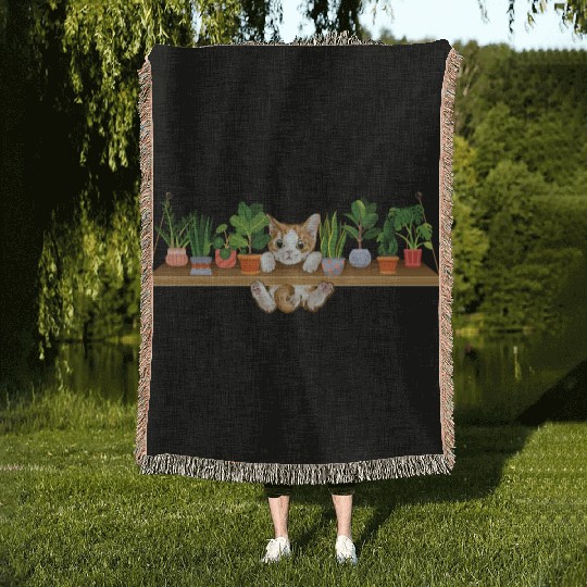 Playful Kitten Plant Owner Cat Lover Woven Blankets