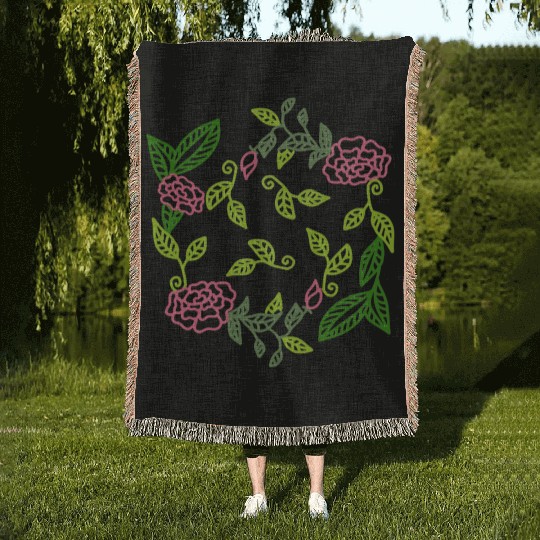 Decorative pattern with flowers and green leaves Woven Blankets
