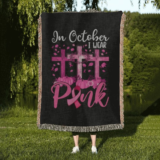 In October We Wear Pink Breast Cancer Awareness Woven Blankets