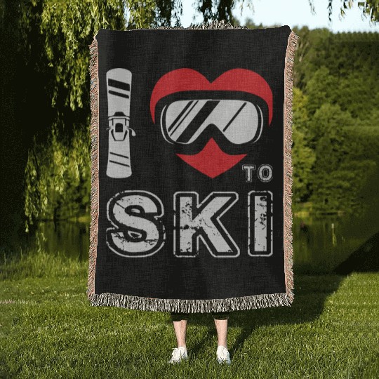 I Love To Ski Winter Sport Snowboarding Skiing Woven Blankets