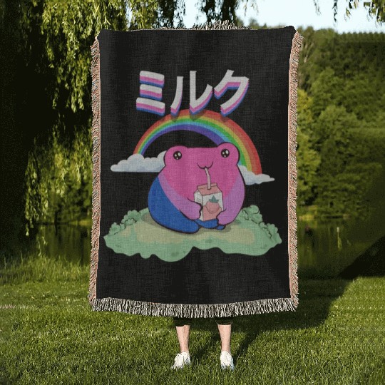 Kawaii Frog Strawberry Milk Bisexual Pride Flag Woven Blankets